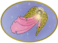 A pink angel with wings and halo flying in the sky.