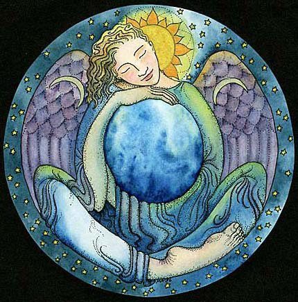 A painting of an angel holding the earth.