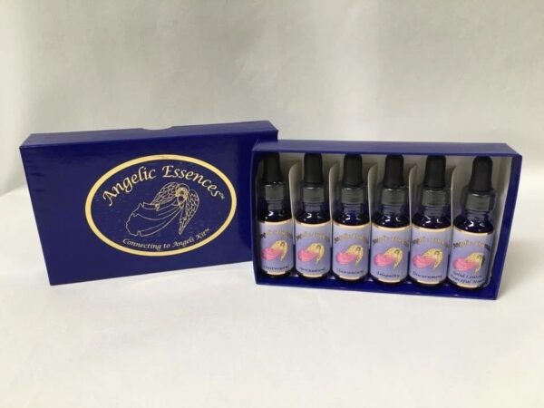 A box of eight bottles of liquid with the label angelic essence.