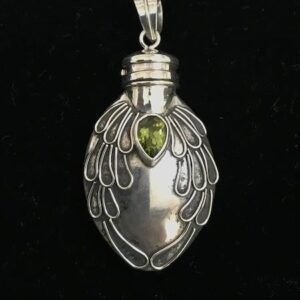 A silver pendant with wings and a stone.