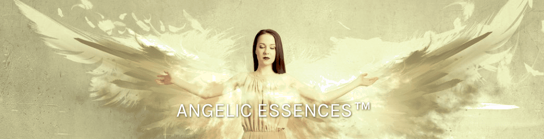 A woman with wings and a dress is in front of the words " angelic essence ".