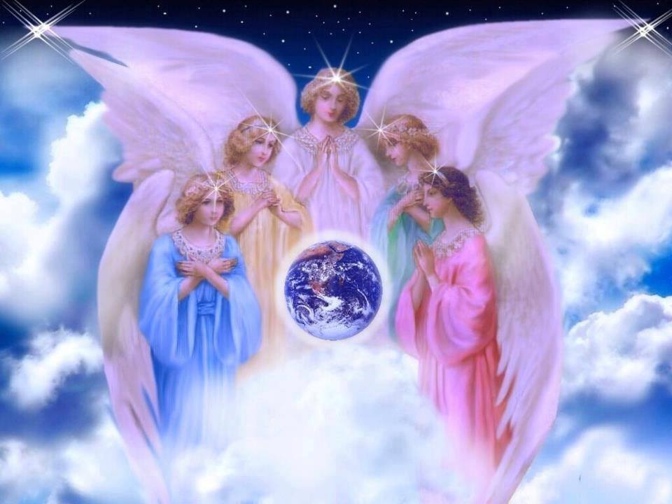 A group of angels standing around the earth.